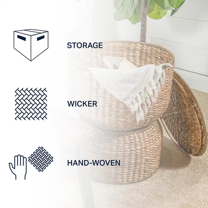 Bhola 18 In. Hourglass Handwoven Hyacinth Storage Accent Table with Lid, Natural