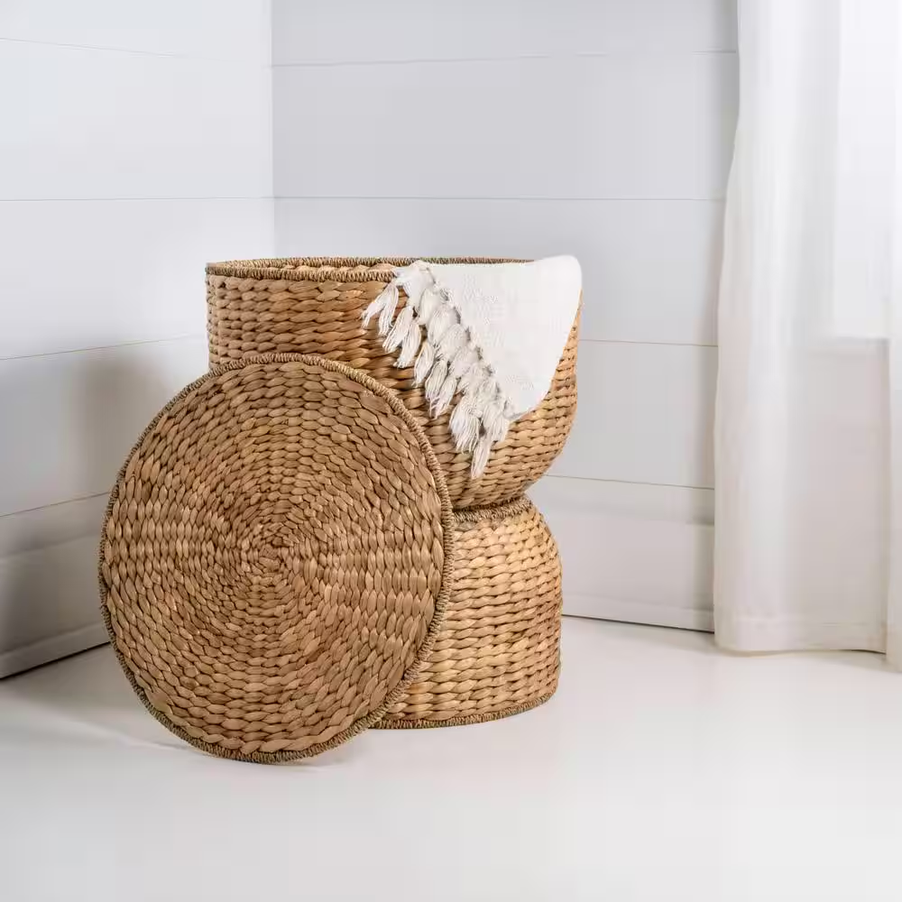Bhola 18 In. Hourglass Handwoven Hyacinth Storage Accent Table with Lid, Natural