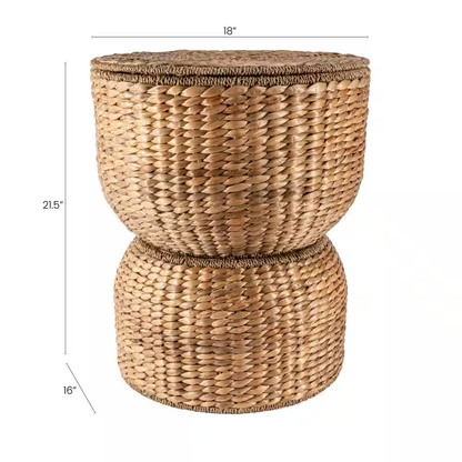 Bhola 18 In. Hourglass Handwoven Hyacinth Storage Accent Table with Lid, Natural