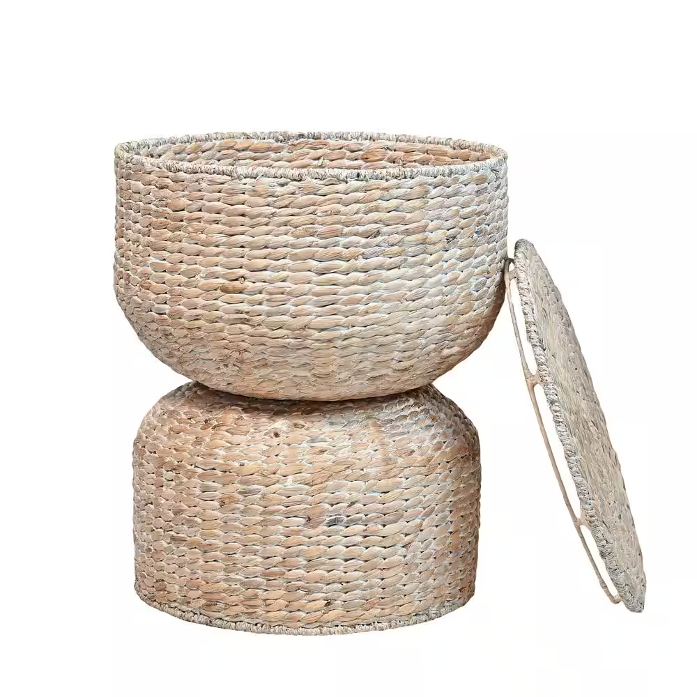 Bhola 18 In. Hourglass Handwoven Hyacinth Storage Accent Table with Lid, White W