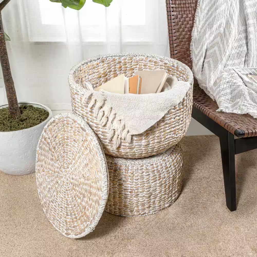 Bhola 18 In. Hourglass Handwoven Hyacinth Storage Accent Table with Lid, White W