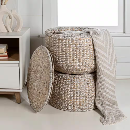Bhola 18 In. Hourglass Handwoven Hyacinth Storage Accent Table with Lid, White W