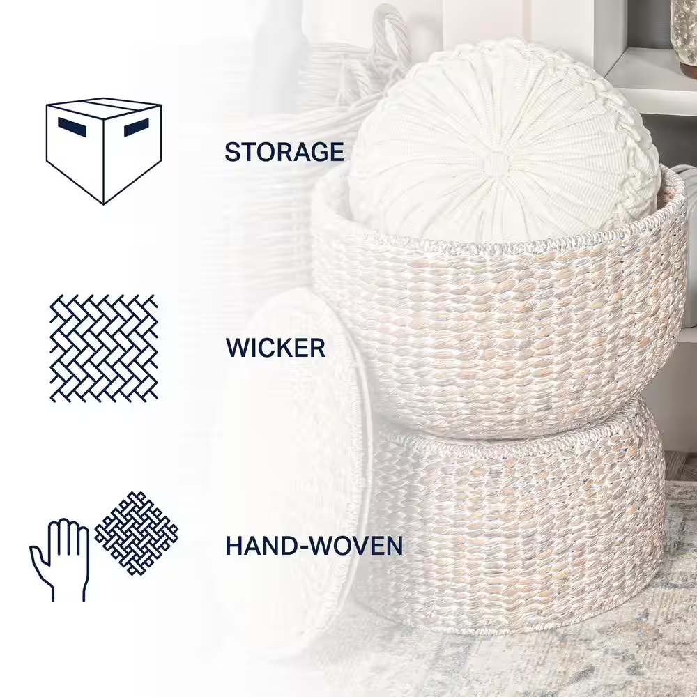 Bhola 18 In. Hourglass Handwoven Hyacinth Storage Accent Table with Lid, White W