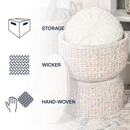 Bhola 18 In. Hourglass Handwoven Hyacinth Storage Accent Table with Lid, White W