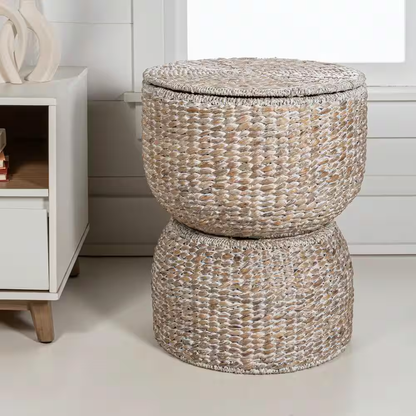 Bhola 18 In. Hourglass Handwoven Hyacinth Storage Accent Table with Lid, White W