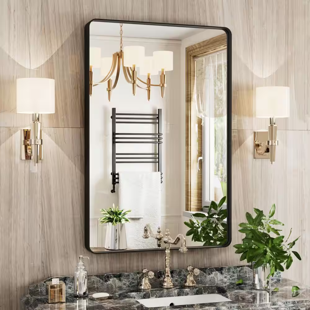 Black 24 in W X 36 In. H Farmhouse Wall-Mounted Rectangle Metal Framed Mirror wi