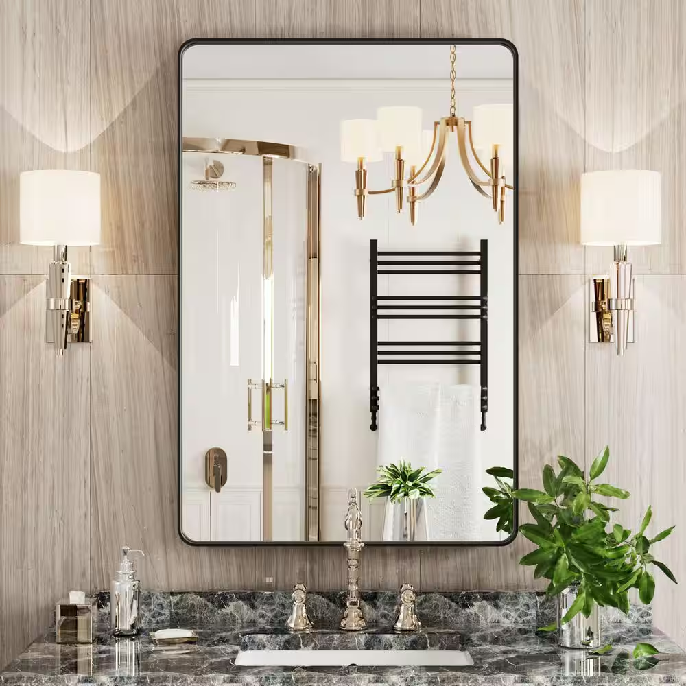 Black 24 in W X 36 In. H Farmhouse Wall-Mounted Rectangle Metal Framed Mirror wi