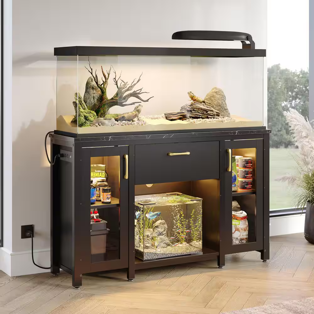 Black 30 In. 55 Gal. Aquarium Stand with Dual Glass Cabinet, Fish Tank Stand wit