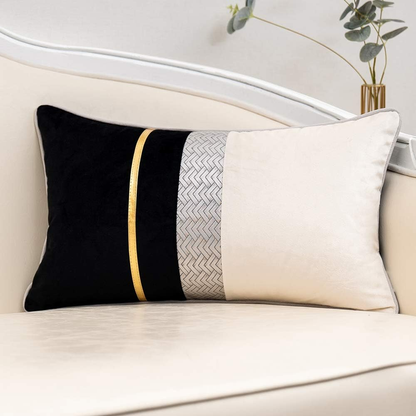 Black Patchwork Velvet Lumbar Pillow Cover with Gold Striped Leather Cushion Cas