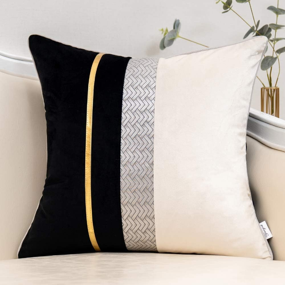 Black Patchwork Velvet Throw Pillow Cover with Gold Striped Leather Cushion Case