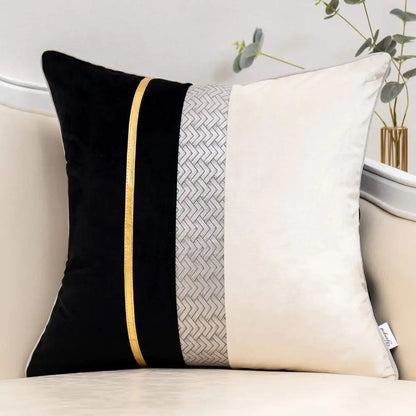 Black Patchwork Velvet Throw Pillow Cover with Gold Striped Leather Cushion Case
