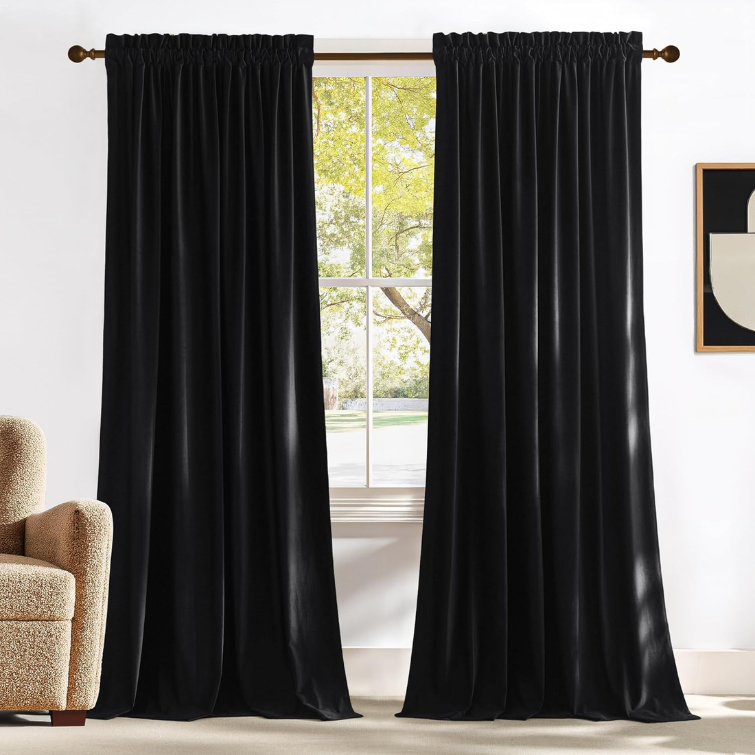 Black Velvet Blackout Curtains 96 Inch Long for Bedroom and Living Room, Thermal