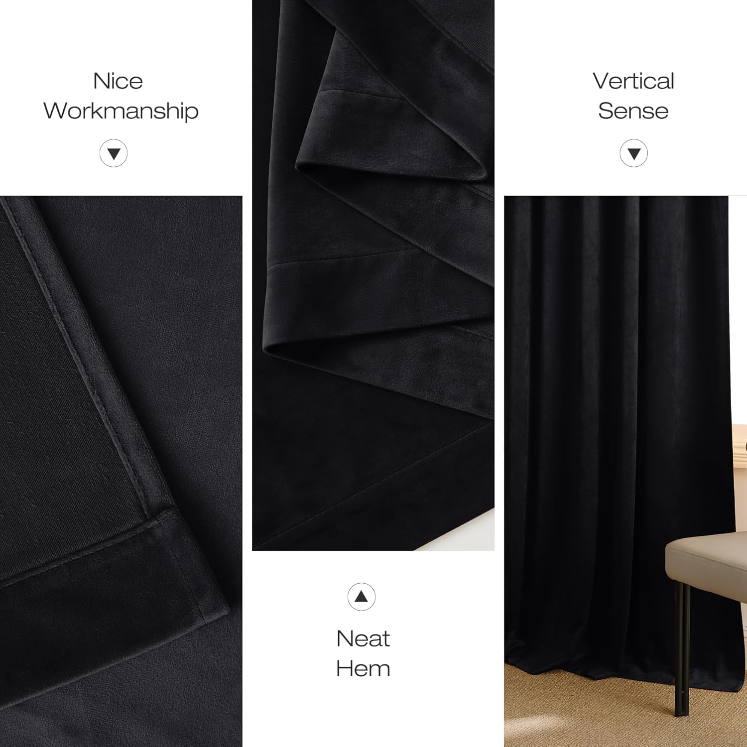 Black Velvet Blackout Curtains 96 Inch Long for Bedroom and Living Room, Thermal