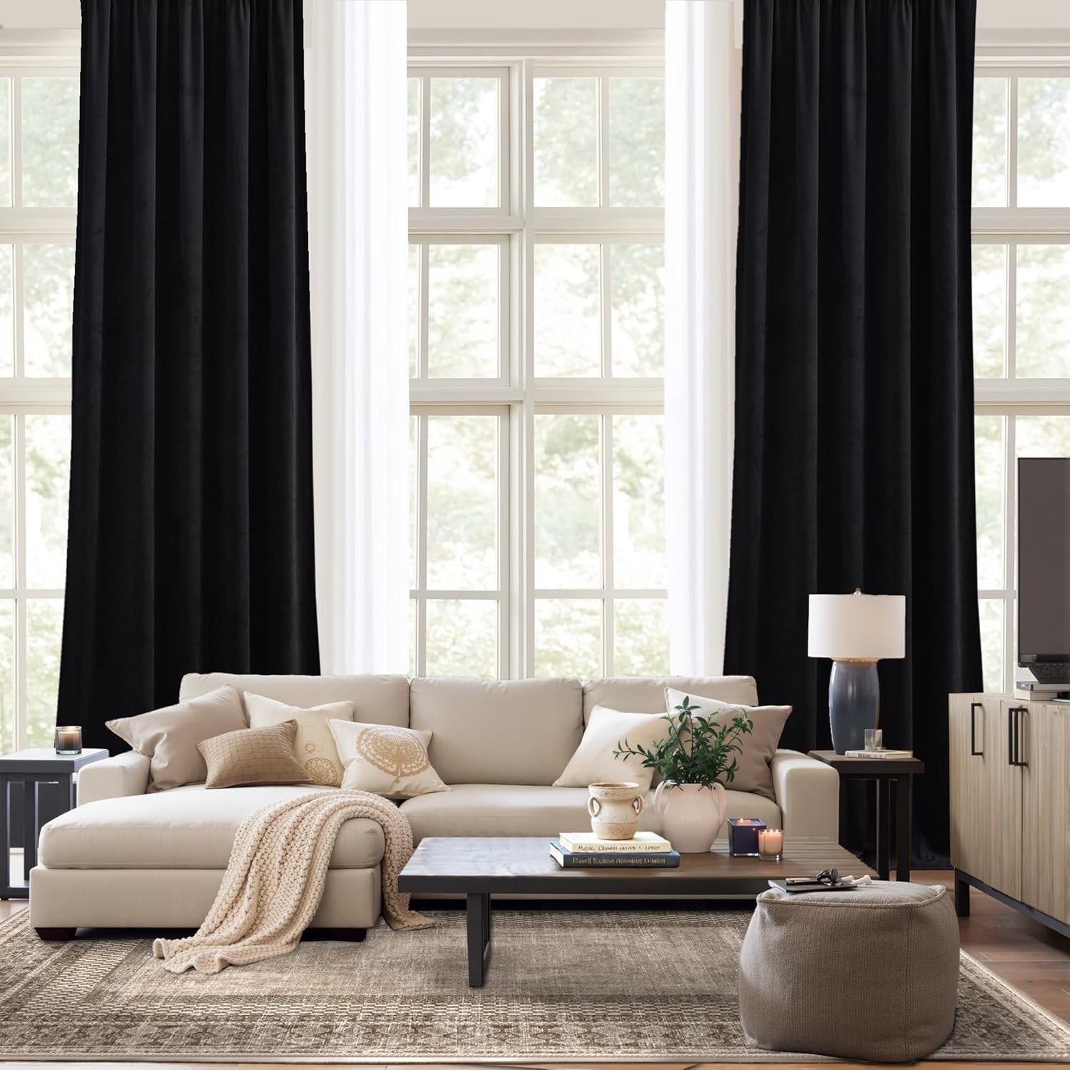 Black Velvet Blackout Curtains 96 Inch Long for Bedroom and Living Room, Thermal