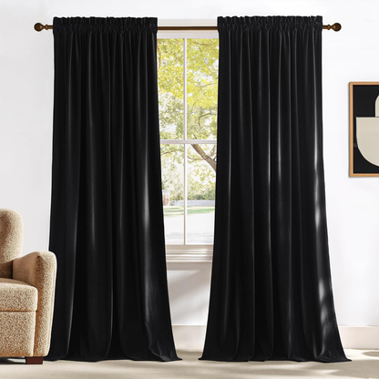 Black Velvet Blackout Curtains 96 Inch Long for Bedroom and Living Room, Thermal