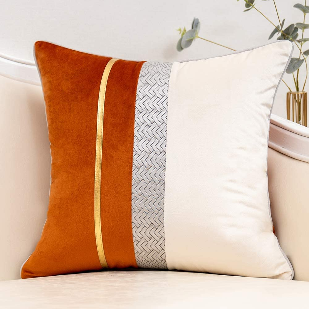 Burnt Orange Patchwork Velvet Throw Pillow Cover with Gold Striped Leather Cushi