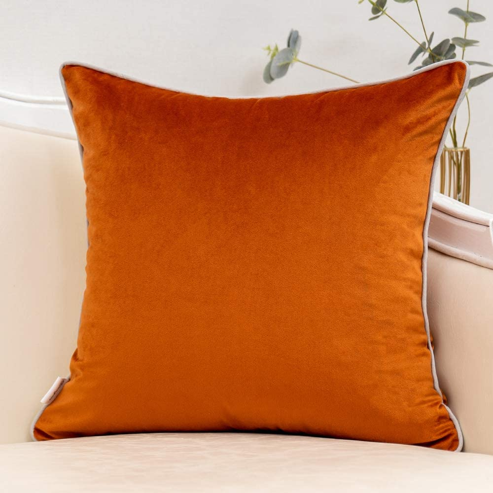 Burnt Orange Patchwork Velvet Throw Pillow Cover with Gold Striped Leather Cushi