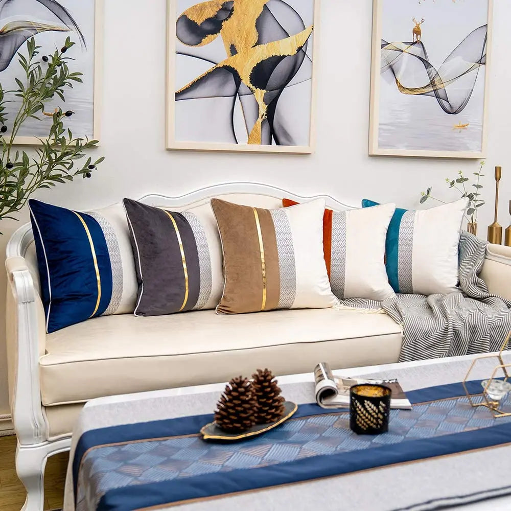 Burnt Orange Patchwork Velvet Throw Pillow Cover with Gold Striped Leather Cushi