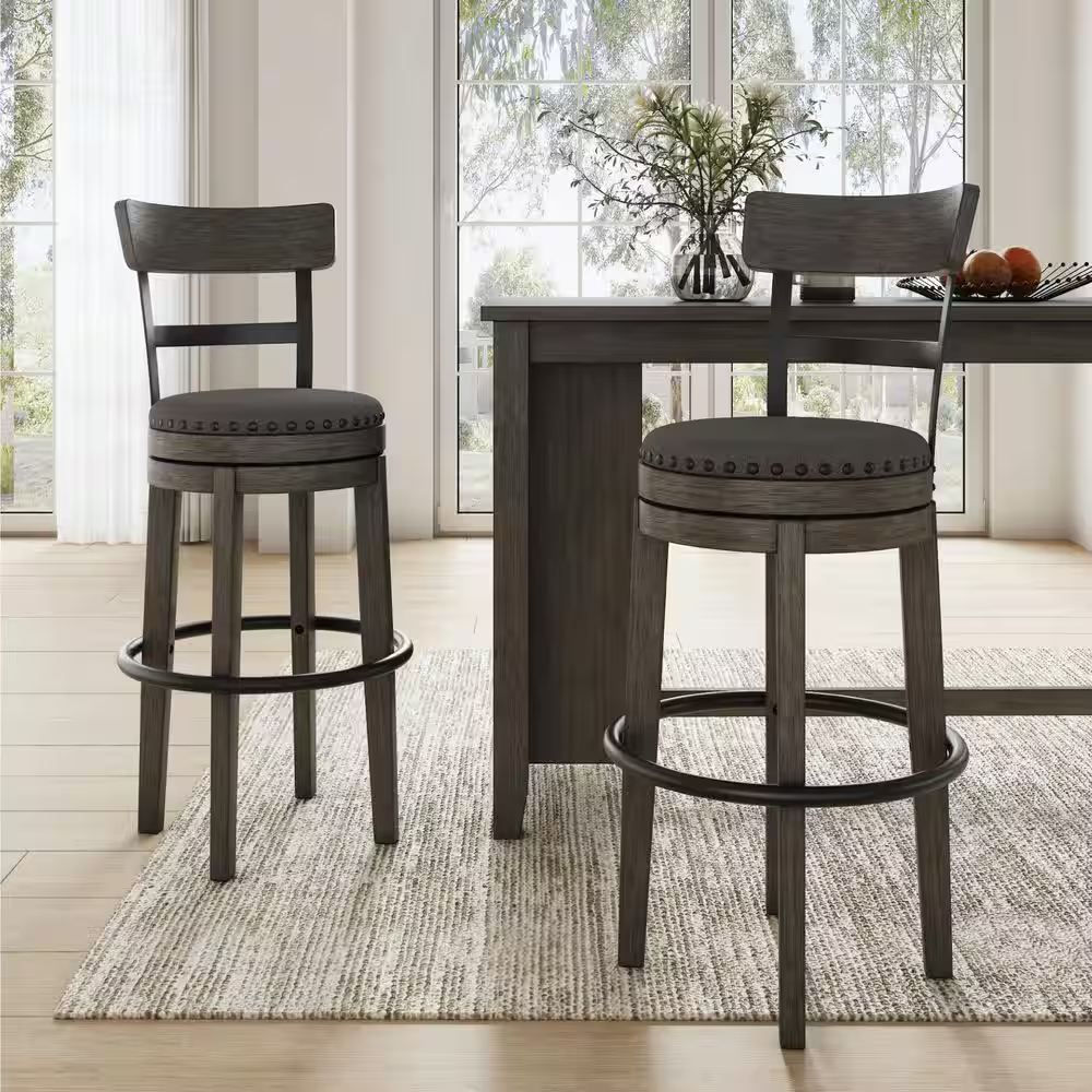 Caitbrook 30.5 In. Gray Low Back Wood Bar Stool Upholstered Stool with Polyester