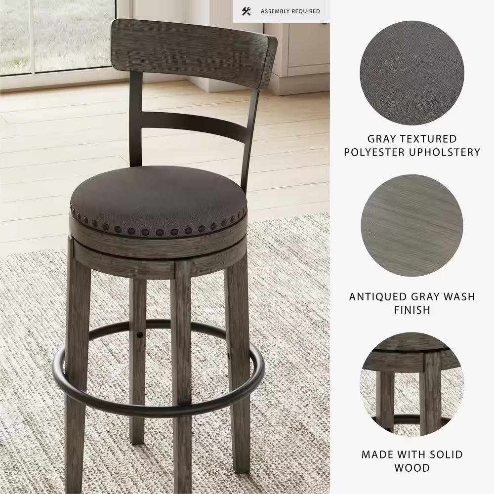 Caitbrook 30.5 In. Gray Low Back Wood Bar Stool Upholstered Stool with Polyester