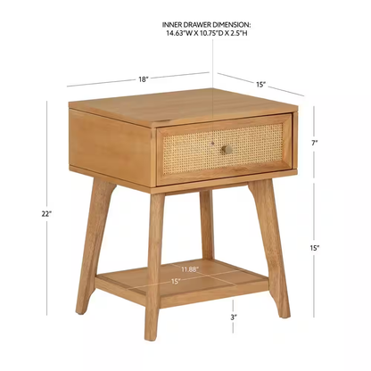 Carolina 18 In. Natural Cane Rectangle Wood Side End Table Nightstand with 1-Dra