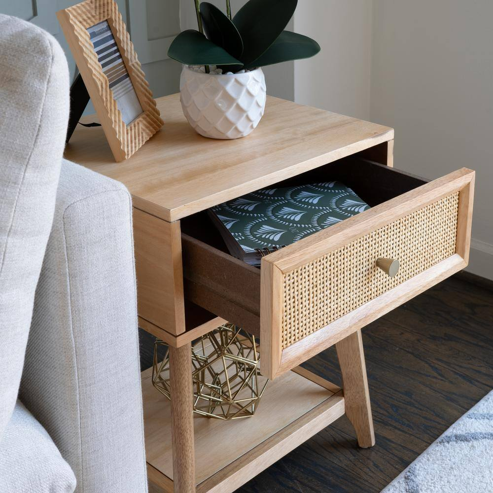 Carolina 18 In. Natural Cane Rectangle Wood Side End Table Nightstand with 1-Dra