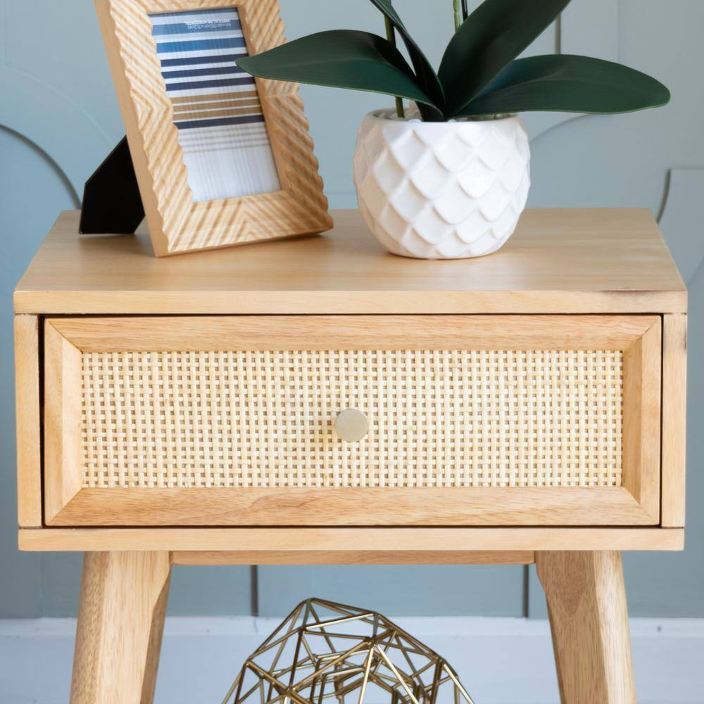 Carolina 18 In. Natural Cane Rectangle Wood Side End Table Nightstand with 1-Dra