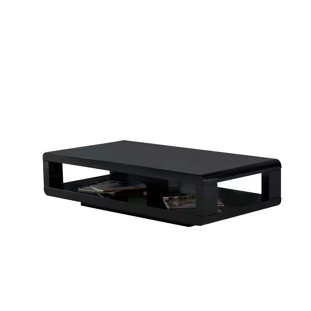 CASA 48 In. Black Glossy Rectangle Wood Top Coffee Table with Shelf