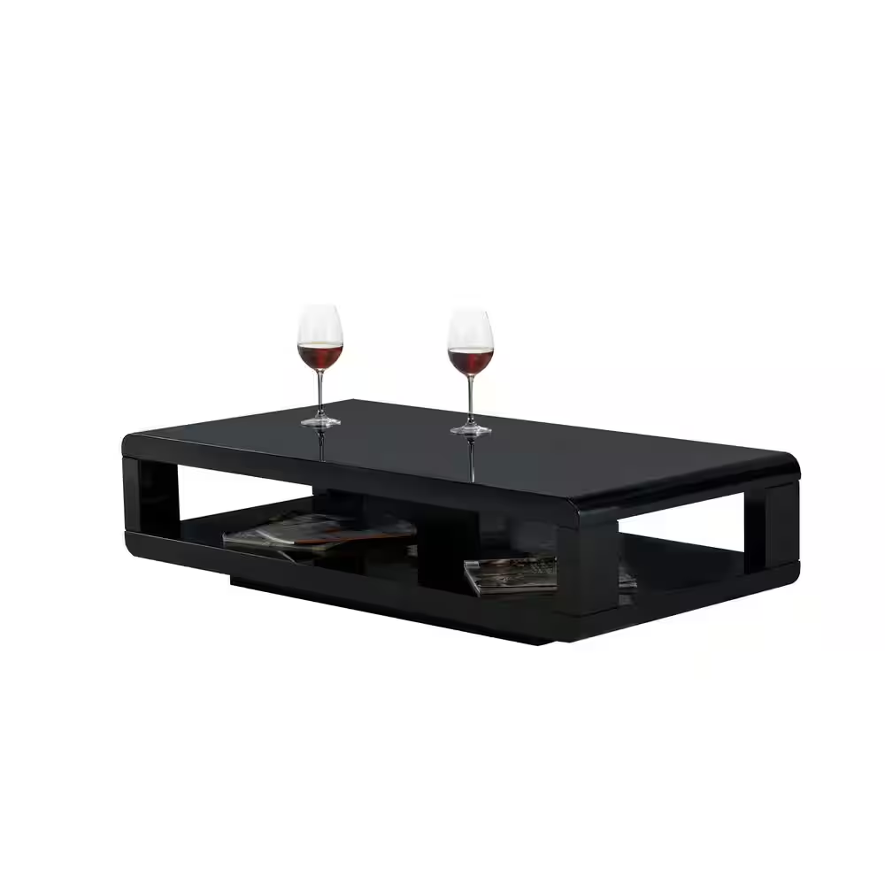 CASA 48 In. Black Glossy Rectangle Wood Top Coffee Table with Shelf
