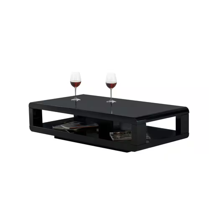 CASA 48 In. Black Glossy Rectangle Wood Top Coffee Table with Shelf