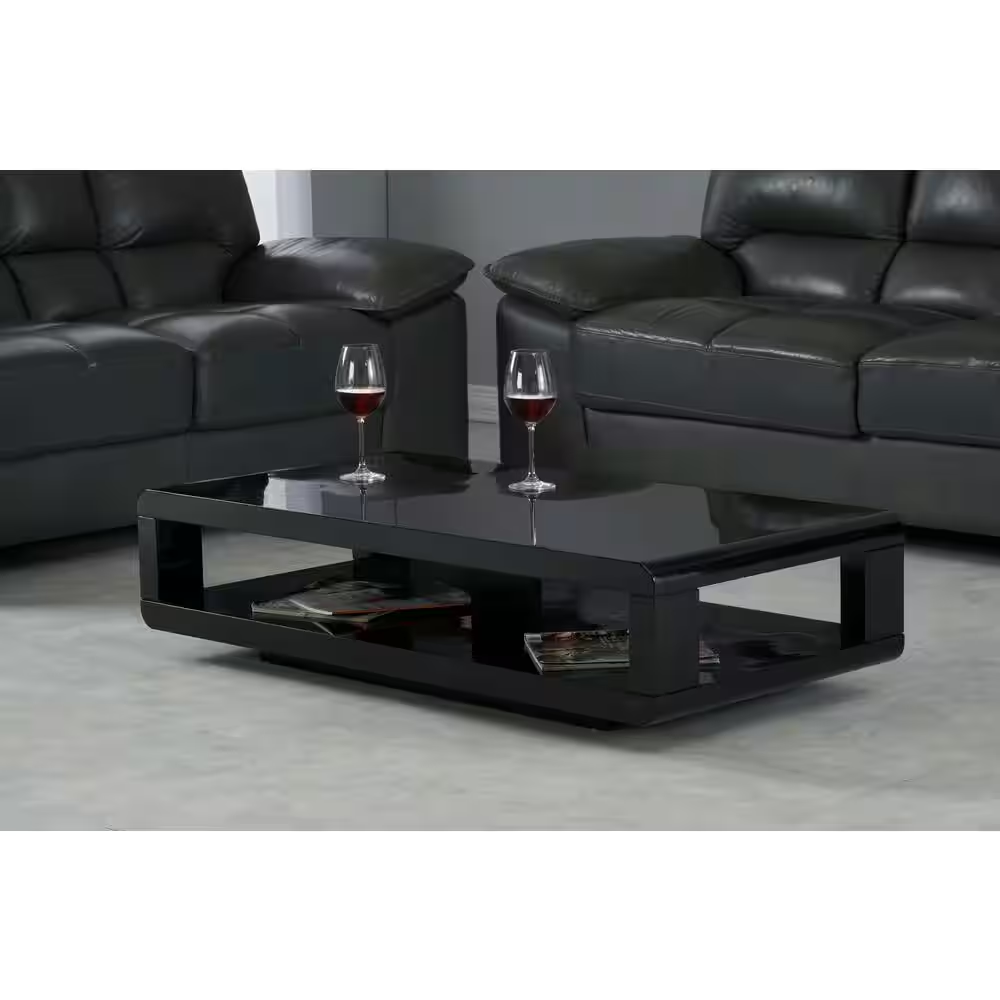 CASA 48 In. Black Glossy Rectangle Wood Top Coffee Table with Shelf
