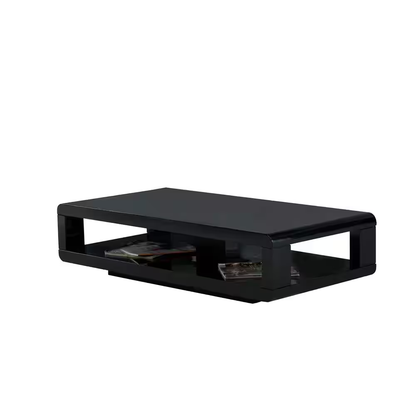 CASA 48 In. Black Glossy Rectangle Wood Top Coffee Table with Shelf