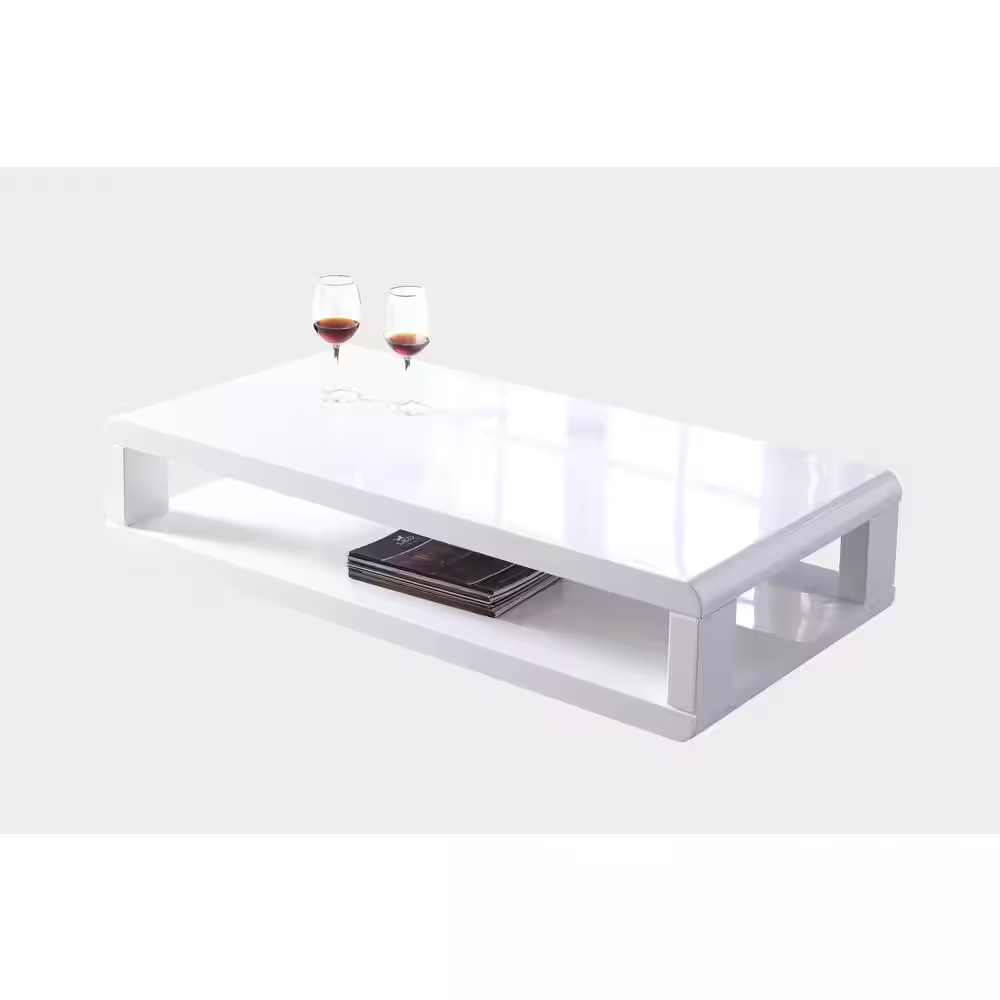 CASA 48 In. White Lacquered Rectangle Wood Top Coffee Table with Shelf