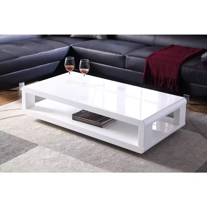 CASA 48 In. White Lacquered Rectangle Wood Top Coffee Table with Shelf