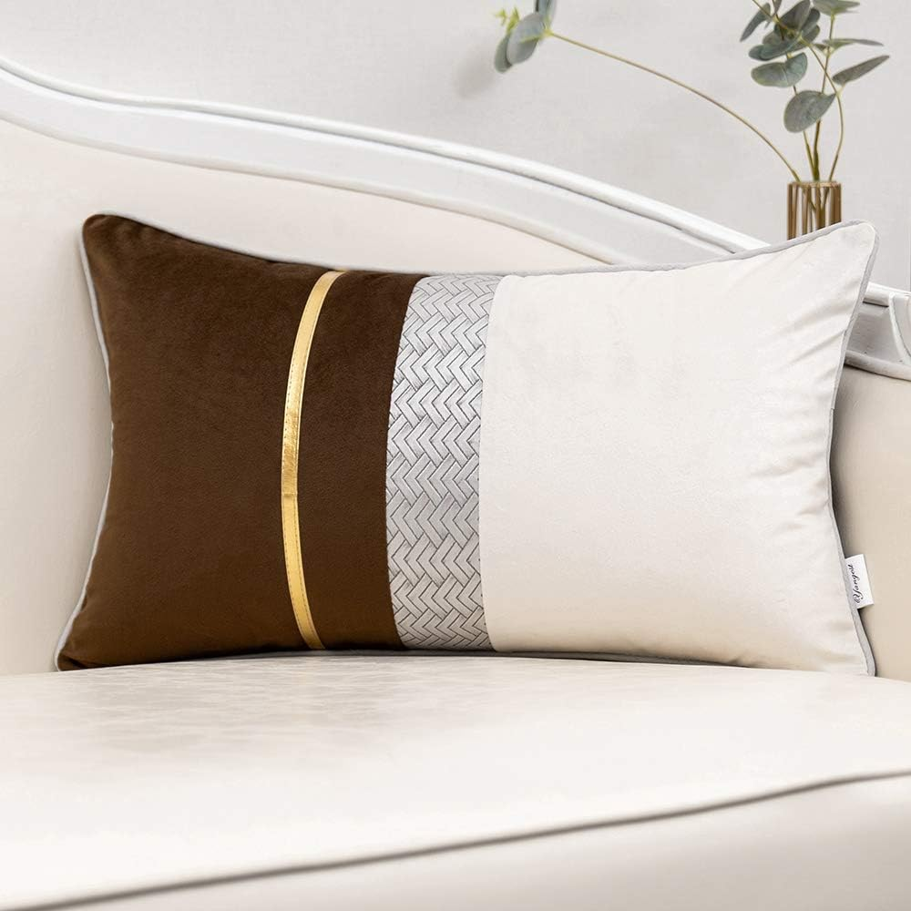 Coffee Brown Patchwork Velvet Lumbar Pillow Cover with Gold Striped Leather Cush