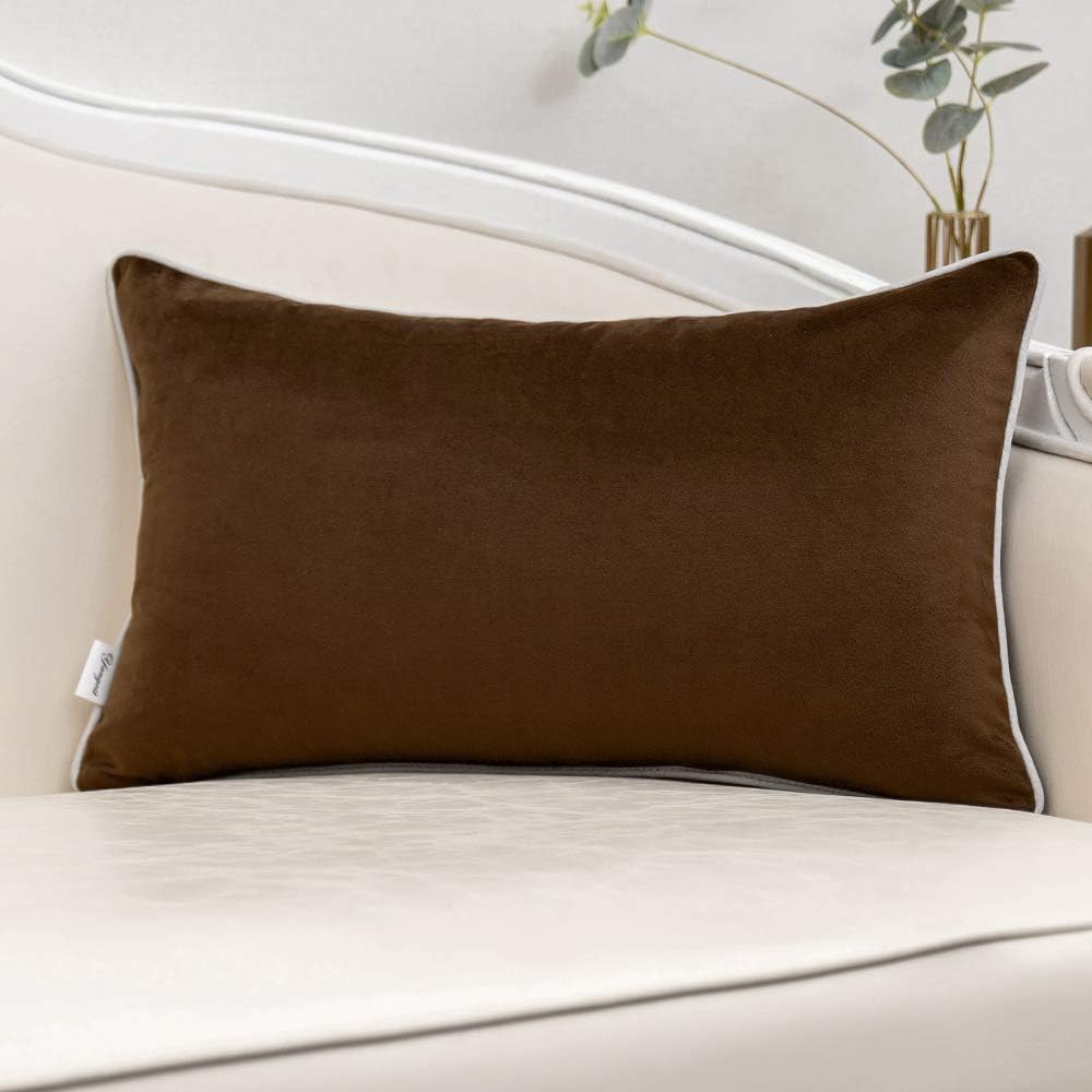 Coffee Brown Patchwork Velvet Lumbar Pillow Cover with Gold Striped Leather Cush