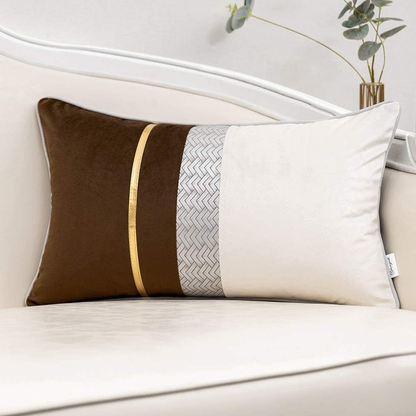 Coffee Brown Patchwork Velvet Lumbar Pillow Cover with Gold Striped Leather Cush