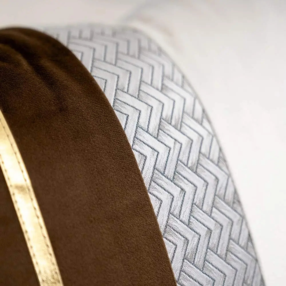 Coffee Brown Patchwork Velvet Lumbar Pillow Cover with Gold Striped Leather Cush