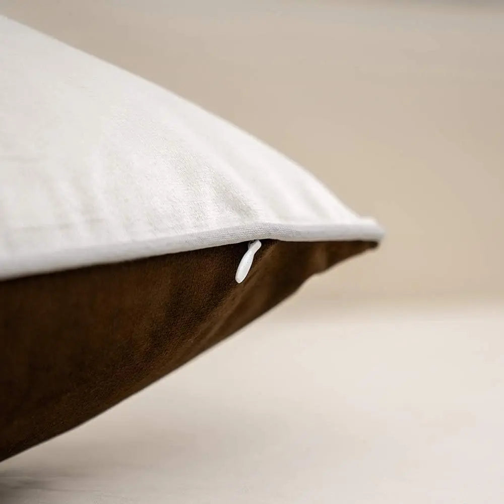 Coffee Brown Patchwork Velvet Lumbar Pillow Cover with Gold Striped Leather Cush