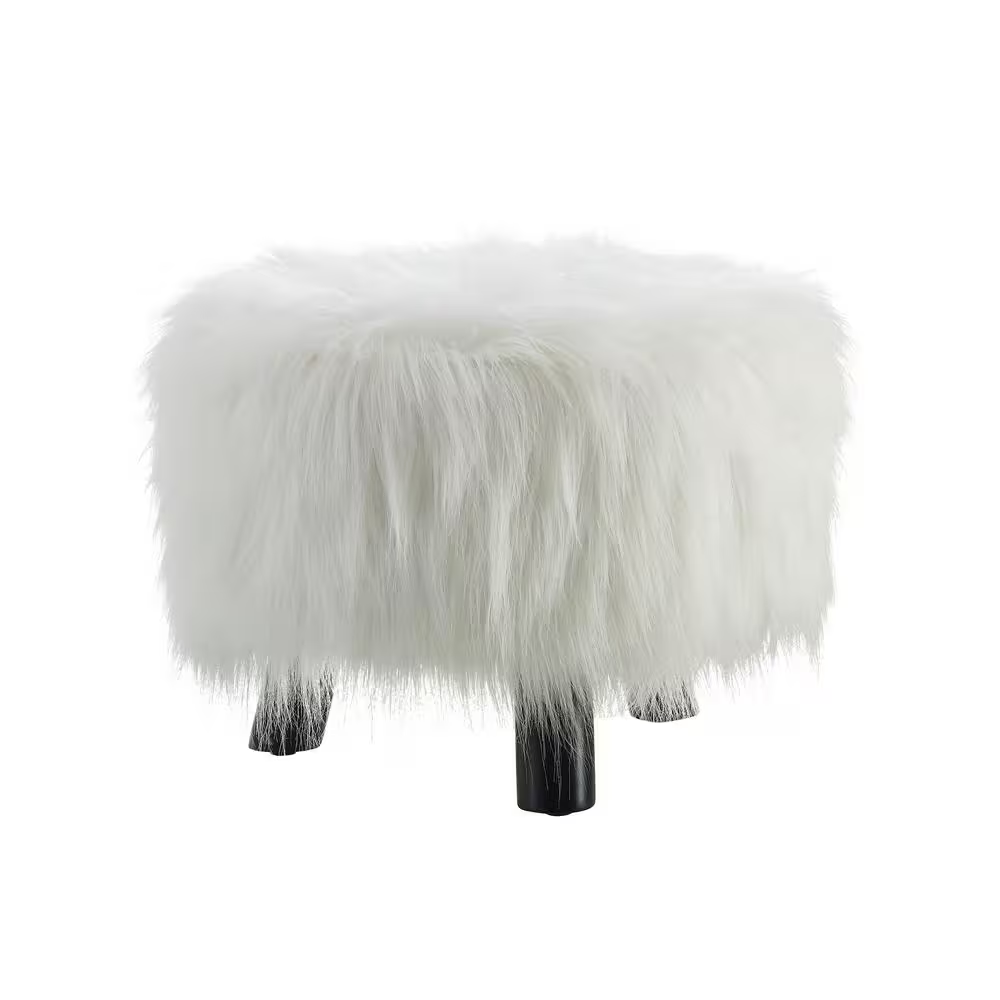 Daisy White Faux Fur Polyester round Accent 16 In. Ottoman