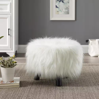 Daisy White Faux Fur Polyester round Accent 16 In. Ottoman