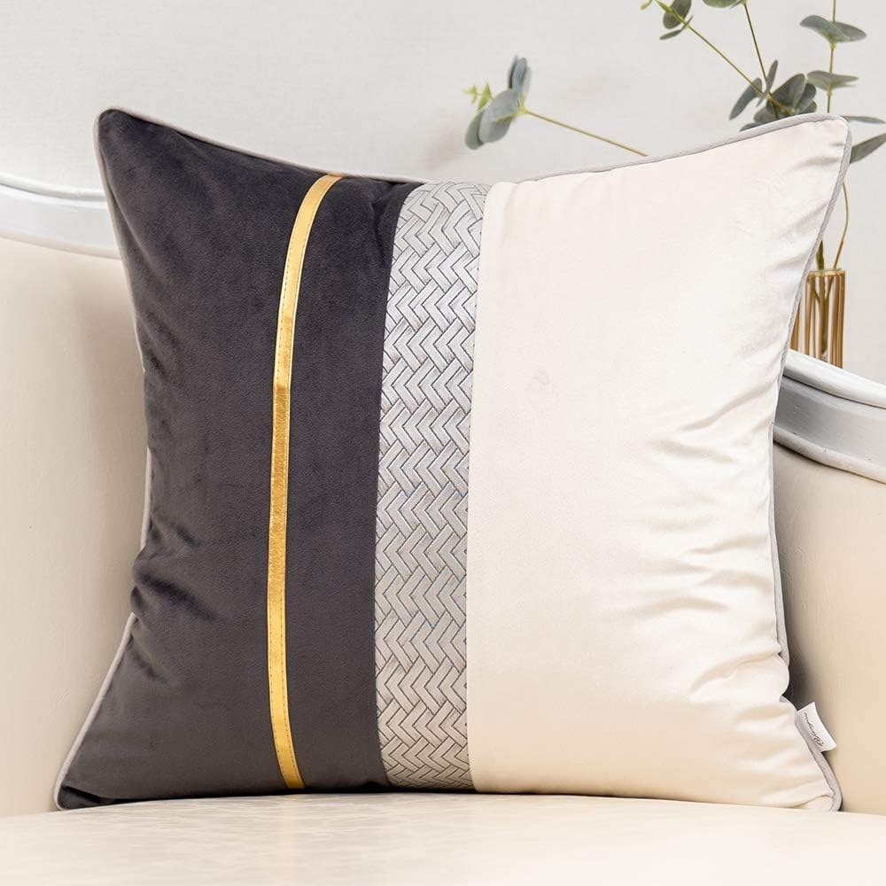 Dark Grey Patchwork Velvet Throw Pillow Cover with Gold Striped Leather Cushion 