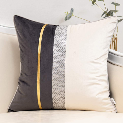 Dark Grey Patchwork Velvet Throw Pillow Cover with Gold Striped Leather Cushion 