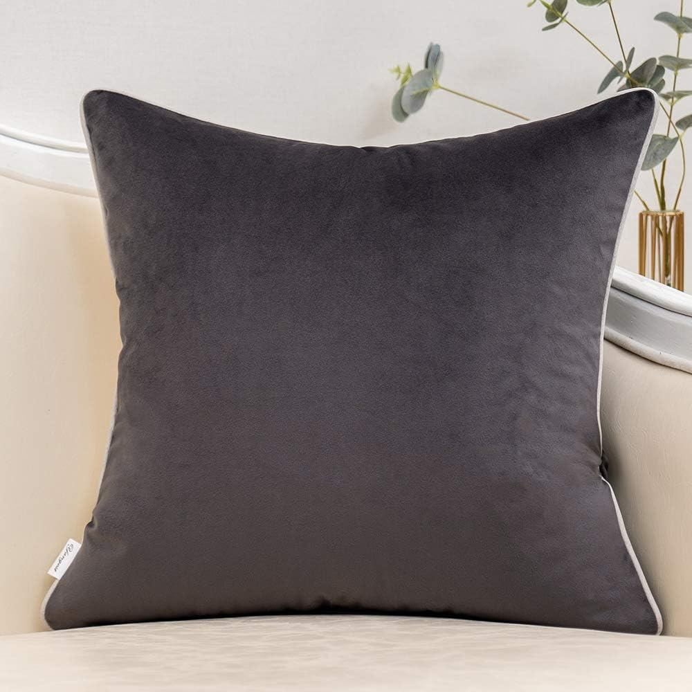 Dark Grey Patchwork Velvet Throw Pillow Cover with Gold Striped Leather Cushion 