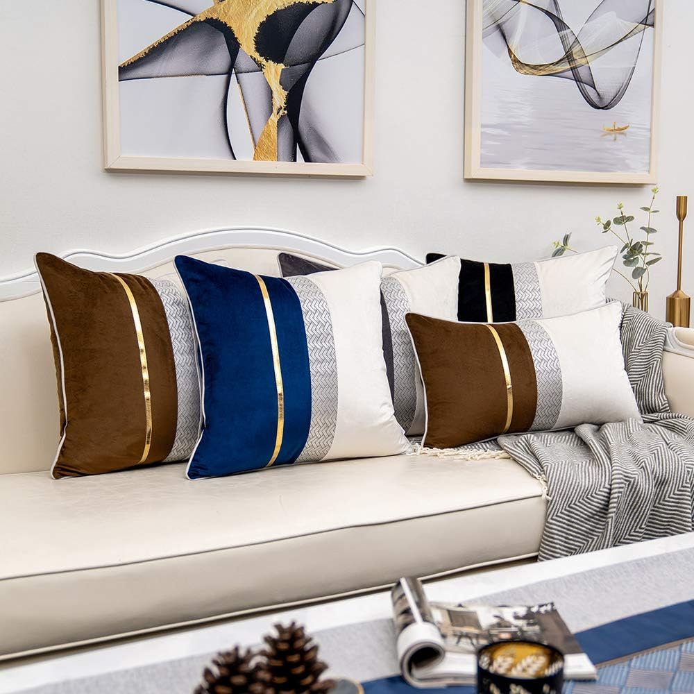 Dark Grey Patchwork Velvet Throw Pillow Cover with Gold Striped Leather Cushion 