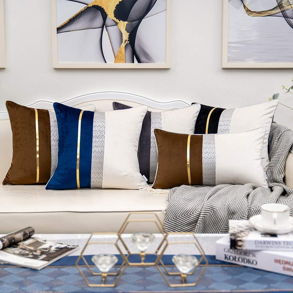 Dark Grey Patchwork Velvet Throw Pillow Cover with Gold Striped Leather Cushion 