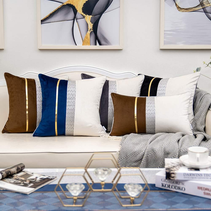 Dark Grey Patchwork Velvet Throw Pillow Cover with Gold Striped Leather Cushion 