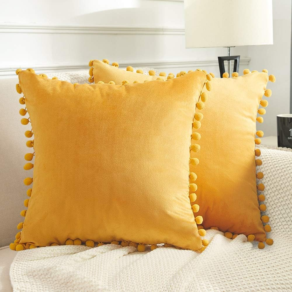 Decorative Throw Pillow Covers with Pom Poms, Pack of 2 Soft Particles Velvet Pi