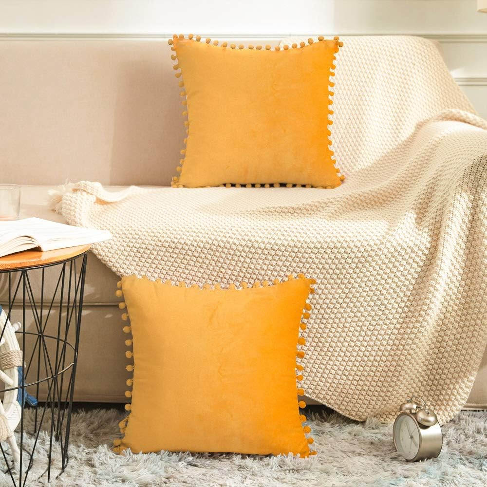 Decorative Throw Pillow Covers with Pom Poms, Pack of 2 Soft Particles Velvet Pi
