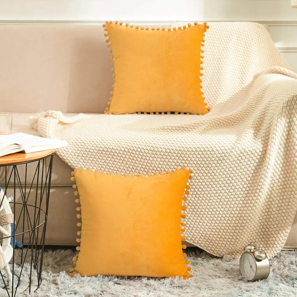 Decorative Throw Pillow Covers with Pom Poms, Pack of 2 Soft Particles Velvet Pi